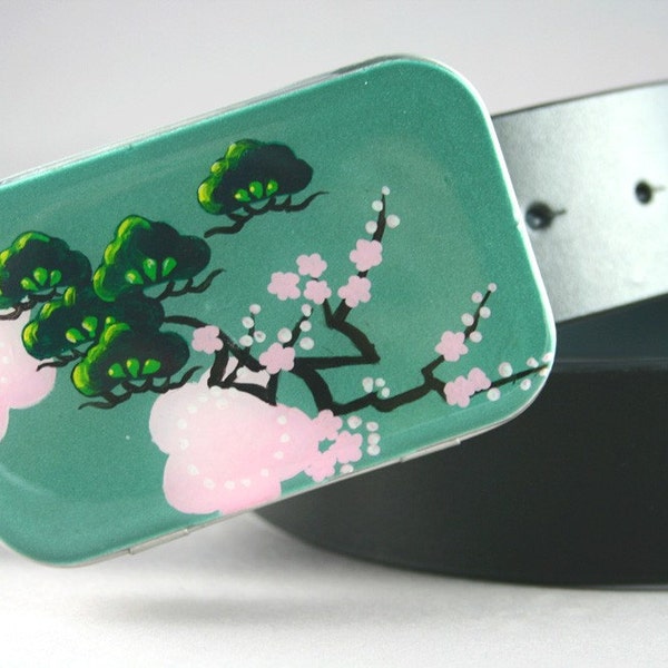 BUYOU. Japanese Painted Case Belt Buckle. Pine and Plum Blossoms.