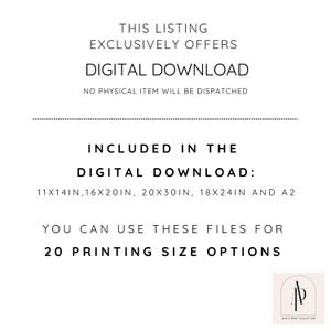 May include: A digital download listing for printable art featuring 20 different sizes, including 11x14 inches, 16x20 inches, 20x30 inches, 18x24 inches, and A2.