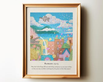 Christian Wall Art, Vintage Home Decor, Bible Verse Poster Romans 15:13  May the God of hope fill you with all joy Scripture Print