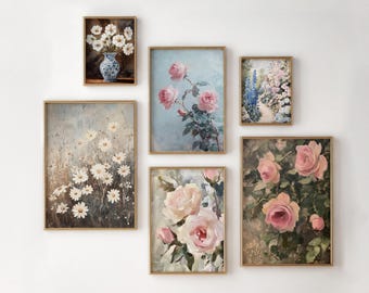 Set of 6 Vintage Floral Oil Prints | Botanical Wall Art | Antique Style Flower Decor | Classic Floral Art Prints | Gallery Wall Decor