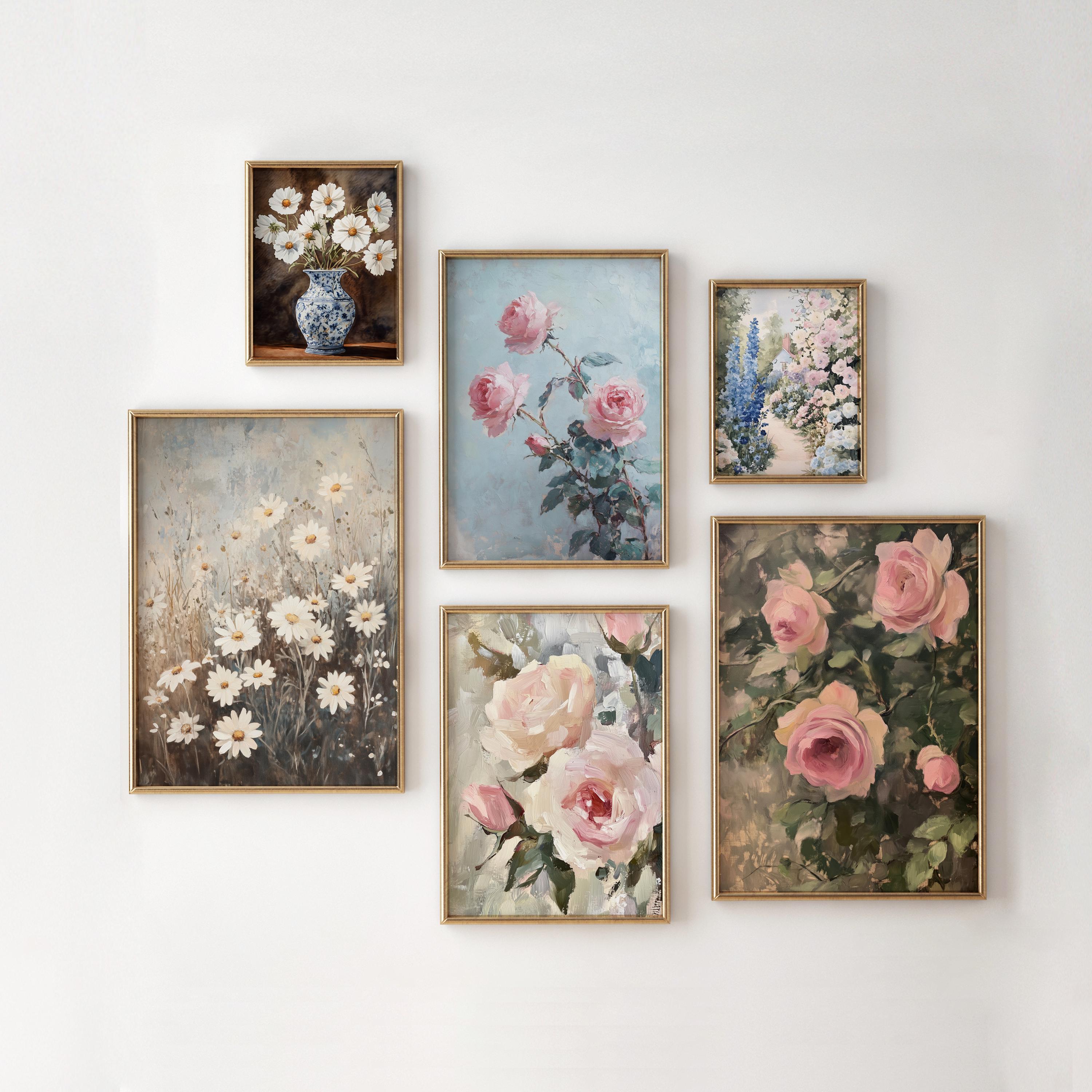 Set of 6 Vintage Floral Oil Prints | Botanical Wall Art | Antique Style ...