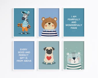 Cottagecore Christian Nursery Decor Set of 6, Whimsical Blue Wall Art for Baby Room, Minimalist Aesthetic Prints, Gender Neutral Baby Decor