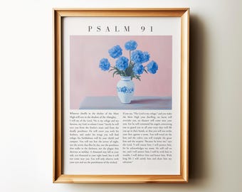 Arte de pared cristiano en azul y rosa del Salmo 91, decoración cristiana para el hogar, póster de versículos bíblicos minimalistas con flores, arte bíblico Mi refugio y mi fortaleza