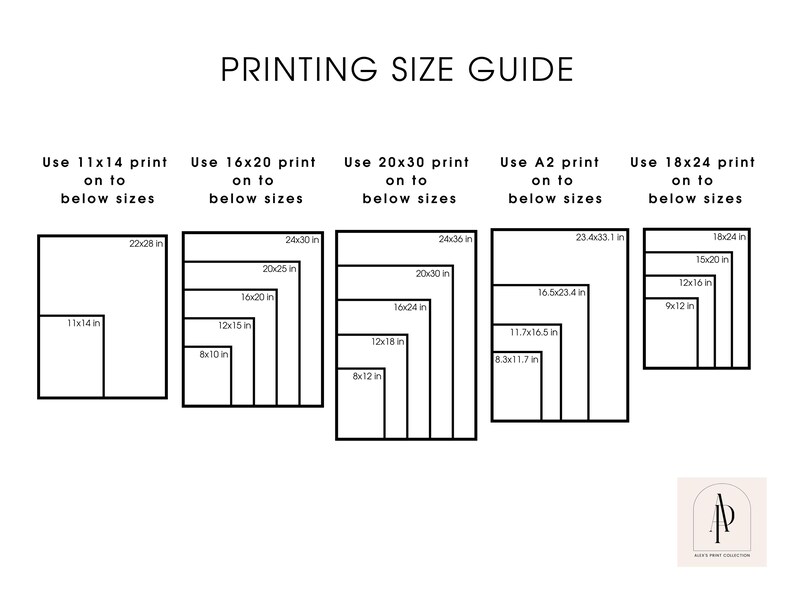 May include: A chart showing different print sizes and their corresponding recommended paper sizes for printing. The chart is divided into five sections, each with a different print size. The print sizes are 11x14 inches, 16x20 inches, 20x30 inches, A2, and 18x24 inches. Each section shows a series of nested rectangles representing the recommended paper sizes for that print size.