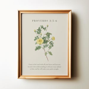 Christian Bible Verse Wall Art, Vintage Floral Minimalist Home Decor, Proverbs 3:5-6 Trust in The Lord Scripture Art Print