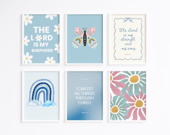 Christian Wall Art Set of 6, Blue Christian Home Decor Bundle, Scripture Art Printable Gallery Set, Bible Verse Posters