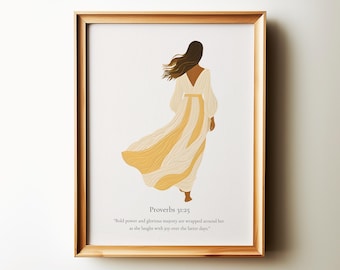 Christian Wall Art, Boho Design, Bible Verse Print Home Decor, Proverbs 31:25 She is Clothed with Strength Scripture Art, Gift for Her