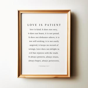 Christian Wall Art, Minimalist Christian Home Decor, Bible Verse Poster 1 Corinthians 13:4-7 Love is Patient and Kind Scripture Art