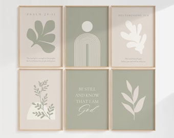 Christian Bible Verse Wall Art in Set of 6, Sage Green Wall Art for Christian Home Decor, Minimalist Nature Scripture Art Prints