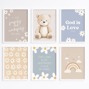 Boho Christian Wall Art Set of 6, Cute Room Decor for Girls, Inspirational Posters for Nursery Room, Trendy Bible Verse Art Printable