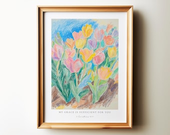 Mi gracia es suficiente para ti 2 Corintios 12:9, arte de pared cristiano, impresión de versículos bíblicos florales, arte de las Escrituras para la decoración cristiana del hogar