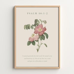 Christian Wall Art, Floral Minimalist Wall Decor, Bible Verse Poster, Psalm 40:1-2 I Waited Patiently for The Lord, Scripture Art Printable