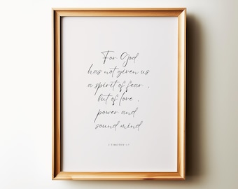 For God has given us a spirit of power, 2 Timothy 1:7, Trendy, Minimalist, Inspirational Bible Verse Wall Art for Christian Home Decor