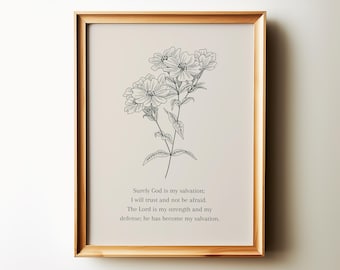 Bible Verse Wall Art, Minimalist Botanical Christian Home Decor, Isaiah 12:2 God is My Salvation Inspirational Scripture Art Print