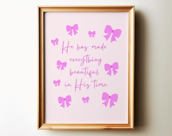 Pink Bow Christian Wall Art, Preppy Vintage Poster Nursery/College Dorm Decor, Ecclesiastes 3:11 Bible Verse for Coquette Girly Room