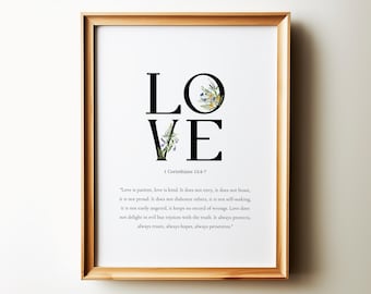 Love is Patient and Kind, 1 Corinthians 13:4-7, Modern Minimalist Christian Wall Art, Bible Verse Poster, Scripture Art Printable