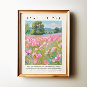 Christliche Wandkunst, pastellfarbene botanische Wohnkultur, moderner minimalistischer Bibelversdruck, Jakobus 1: 2-3 Betrachten Sie es als reine Freude Schriftkunst