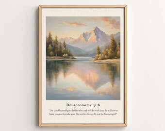Bible Verse Wall Art, Sage Green Nature Christian Home Decor, God Will Never Leave You nor Forsake You Deuteronomy 31:8 Scripture