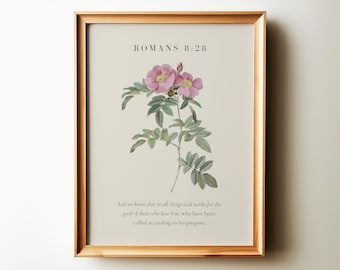 Bible Verse  Wall Art, Botanical Christian Home Decor Romans 8:28 God works for the good of those who love him Scripture Print
