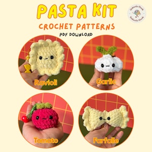 May include: A promotional image for a crochet pattern kit. The text "PASTA KIT" is at the top, with "CROCHET PATTERNS" and "PDF DOWNLOAD" below. Four crochet food items are shown: ravioli, garlic, tomato, and farfalle, each with a smiling face.
