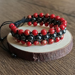 Samurai Blade - Pulsera de cuentas hecha a mano con espada samurái - Rojo y negro - Japón - Joyería asiática - Unisex - Para él - Ninja
