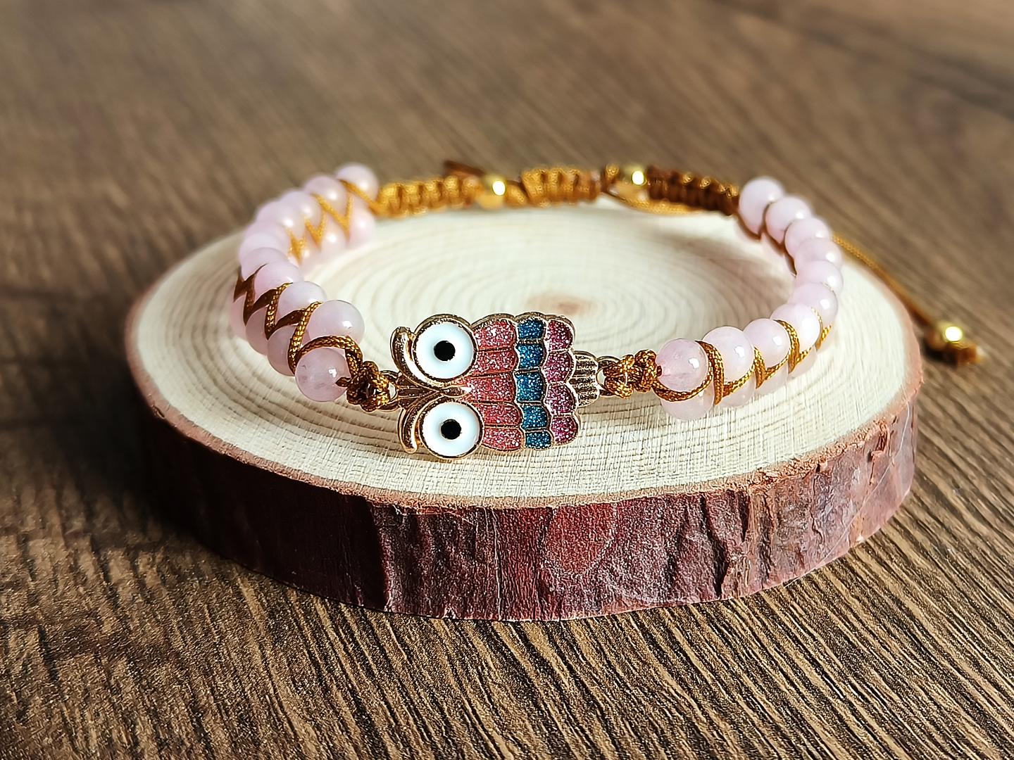 Owl Rose - Handgemaakte roze zig zag armband - Uil - Roze & Goud - Smalle armband - Rozenkwarts