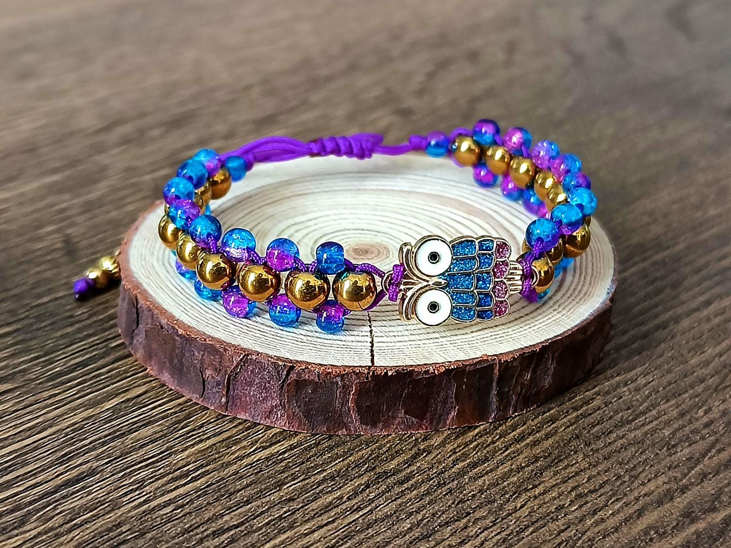 Lunar Owl - Handgemaakte kralenarmband met uil - Blauw, paars, goud - Luxe armband dames - Vrouwelij