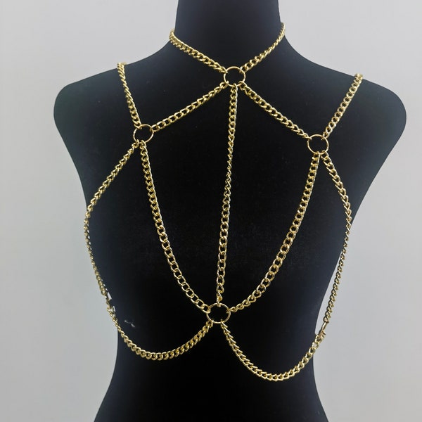 Gold Collar Body Chain, T Shirt Body Chain, Chain Bralette, Body jewelry, Gold Body Chain,