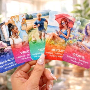 May include: A set of five rectangular astrology cards held in a hand. The cards feature illustrations of people and text including Uranus Retrograde, Virgo, Sextile, Mercury, and Taurus, with associated keywords like Diligence, Intellect, and Creativity.