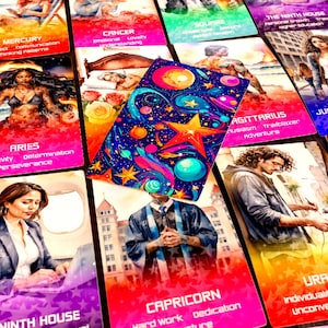Baraja de oráculo de la utopía celestial / Signos del zodíaco / Planetas / Casas / Retrógrados / Diversidad / LGBTQ+ / 53 cartas