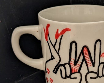 Eggplant's Dream - Hand decorated art mug - unique illustrated coffee cup with original art painted in enamel paint | upcycled kitchenware