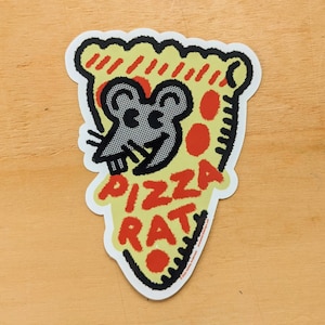 May include: A yellow and red pizza slice sticker with a black and white cartoon rat inside. The sticker says "Pizza Rat" in black text.