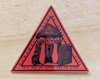 Veggiemite - triangle die-cut occult cucumber vinyl sticker of thelemic Crowleyan hilarity 3.4x3 inches red and gold | veggie cult