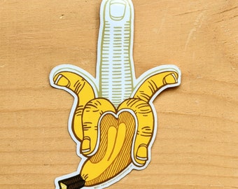 Banana Birdnana - die cut vinyl Bird finger sticker 2.6x4 inches | snarky fruit laptop decal