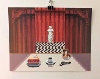 Black Lodge - open edition 5x7 or 8.5x11 Twin Peaks pixel art print | 8bit David Lynch red curtain room artwork