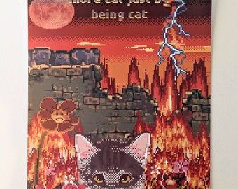 Some Cat Make the World More Cat Just by Being Cat - open edition 5x7 or 8.5x11 pixel art cat print | heavy metal 8bit kitty wall decor