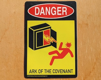 DANGER - die-cut vinyl Ark of the covenant gag fake safety label sticker 2x3 inches | Indiana Jones parody laptop decal