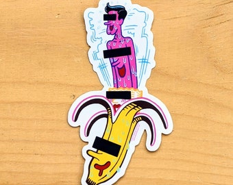 Banana Boy-oi-oing - die cut clear vinyl sweaty sexy fruit boi sticker 2.2x4 inches | strangley horny surreal illustration laptop decal