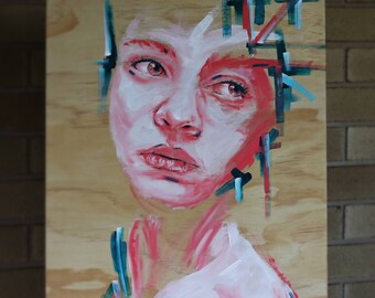 Lost in the meaning of it - Original Abstract Acrylic Portrait Painting on Wood, Modern Wall Art Decor Living Room