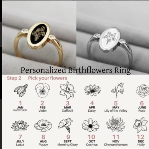 12 Birth month flower ring -Personalized Mother of Pearl,Engraved Black Agate Floral Ring,BirthMonth Flower Jewerly,Mothers Day Gift for her