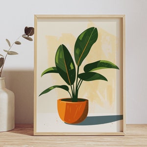 Calathea Houseplant Printable Art, Digital Download, Minimalist Botanical Print, Wall Art, Green and Orange Plant Illustration