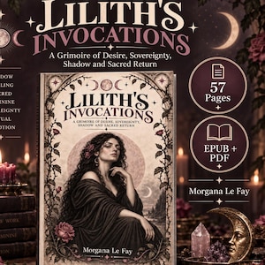 May include: A book titled Lilith's Invocations: A Grimoire of Desire, Sovereignty, Shadow and Sacred Return by Morgana Le Fay. The cover features a woman in a dark robe surrounded by roses and thorns, with 57 pages available in EPUB and PDF.