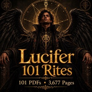 Op de afbeelding: Digitale illustratie van een figuur met donker haar en grote zwarte vleugels, gekleed in sierlijke gewaden en sieraden. De titel "Lucifer 101 Rites" staat in gouden letters, met de details "101 PDF's • 3.677 Pagina's". De afbeelding heeft een mystiek en gotisch thema.