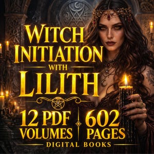 Könnte beinhalten: Digitales Buchcover mit dem Text "Witch Initiation with Lilith". Das Bild zeigt eine Frau mit langen, dunklen Haaren, die ein juwelenbesetztes Diadem trägt und eine brennende Kerze hält. Der Text weist auf 12 PDF-Bände und 602 Seiten digitaler Bücher hin.