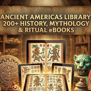 Könnte beinhalten: Werbung für die "Ancient Americas Library" mit über 200 E-Books zu Geschichte, Mythologie und Ritualen. Das Bild zeigt Tablets mit antiken Illustrationen, eine Jaguarmaske und einen aztekischen Kalender.