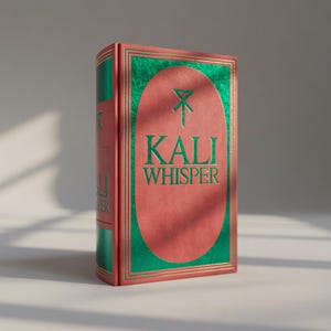 Puede incluir: Un libro de tapa dura titulado "KALI WHISPER" con una cubierta roja y detalles verdes y dorados. El libro tiene un diseño ovalado en la portada con el título en verde. El título también se muestra en el lomo. El libro está de pie.