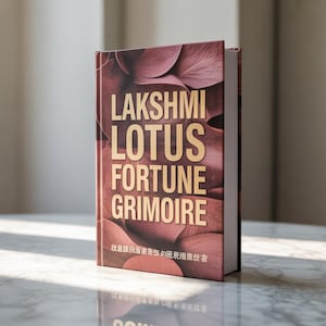 Può includere: Un libro con copertina rigida marrone con il titolo "Lakshmi Lotus Fortune Grimoire" in lettere dorate. La copertina presenta un design floreale. Ulteriore testo è visibile nella parte inferiore della copertina.