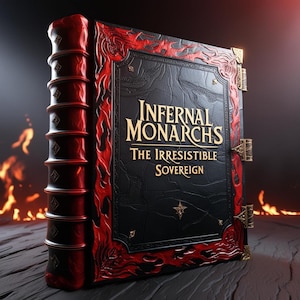 Puede incluir: Un libro encuadernado en cuero negro con un diseño rojo y dorado. El título en la portada dice "Infernal Monarchs The Irresistible Sovereign".