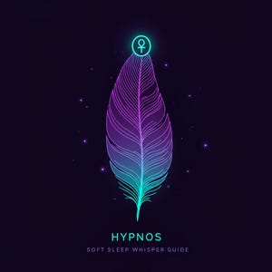 Peut inclure: Illustration numérique d'une plume dans des tons violets et turquoise, avec un symbole turquoise en haut. Le mot "HYPNOS" est en bas, avec "SOFT SLEEP WHISPER GUIDE" en dessous, le tout sur un fond sombre.