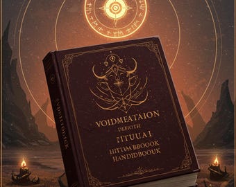 May include: A maroon book titled "VOIDMEATAION" with gold embossed lettering and illustrations. The book has a red ribbon bookmark and is set against a mystical, orange-toned landscape with a glowing symbol above.